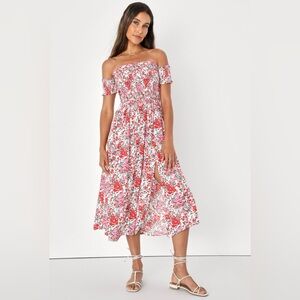 Lulu's Floral Off-Shoulder Dress - Red and White